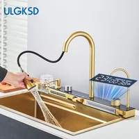 Brushed Gold 304 Stainless Steel Waterfall Style Modern Kitchen Large Single Slot Button Integrated Digital Display Faucet Set 1