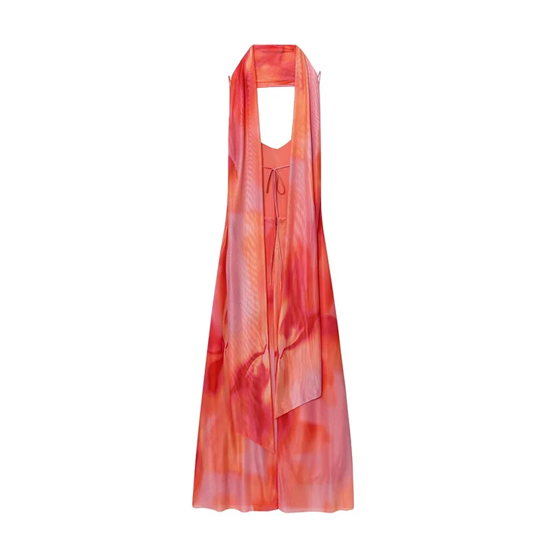Elegant Tie-dye Gradient Print Sling Long Dress With Scarf Women Holiday Sleeveless Backless Evening Dress Summer 2025