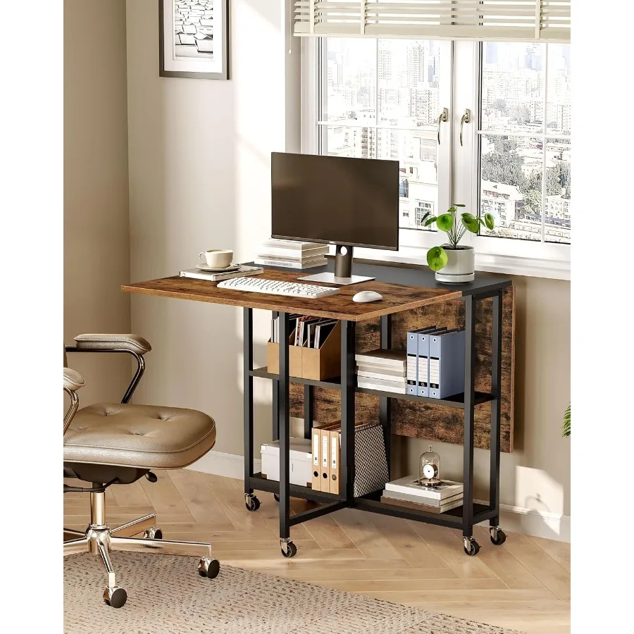 Folding Dining Table Movable Dining Table Expandable Kitchen Table Versatile Table with 6 Wheels and 2Tier Shelf for Dining Liv