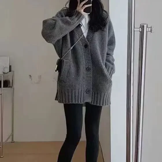 

Gray Vintage Solid Color Women Sweater Loose Casual Cardigan Coat Lazy Style Mid-length Knit Sweater Fashion Single-breasted Top