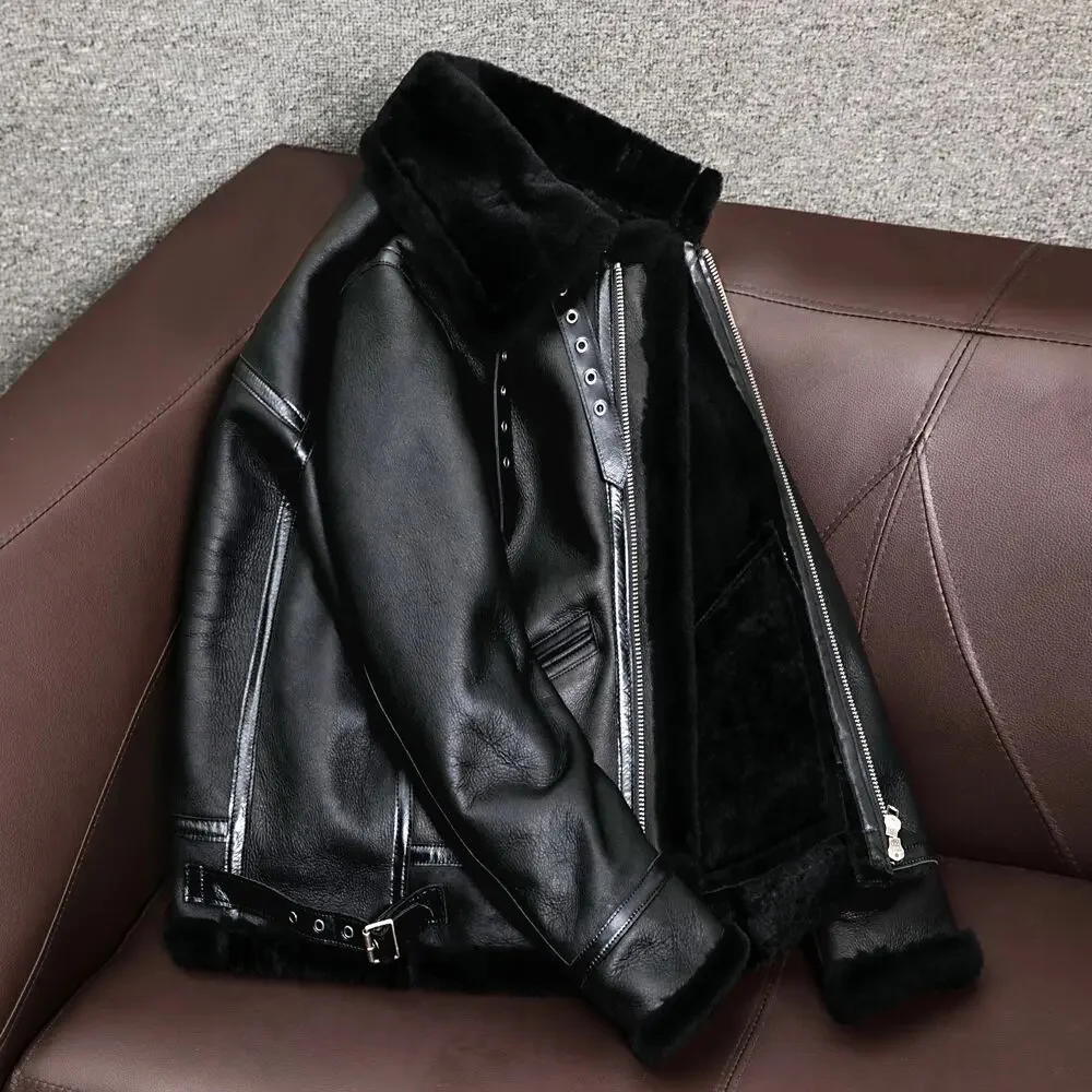 Description Picture 6 of item2024 New Genuine Sheepskin Leather Jacket Mens Plus Size Real Thick Natural Warm Coat