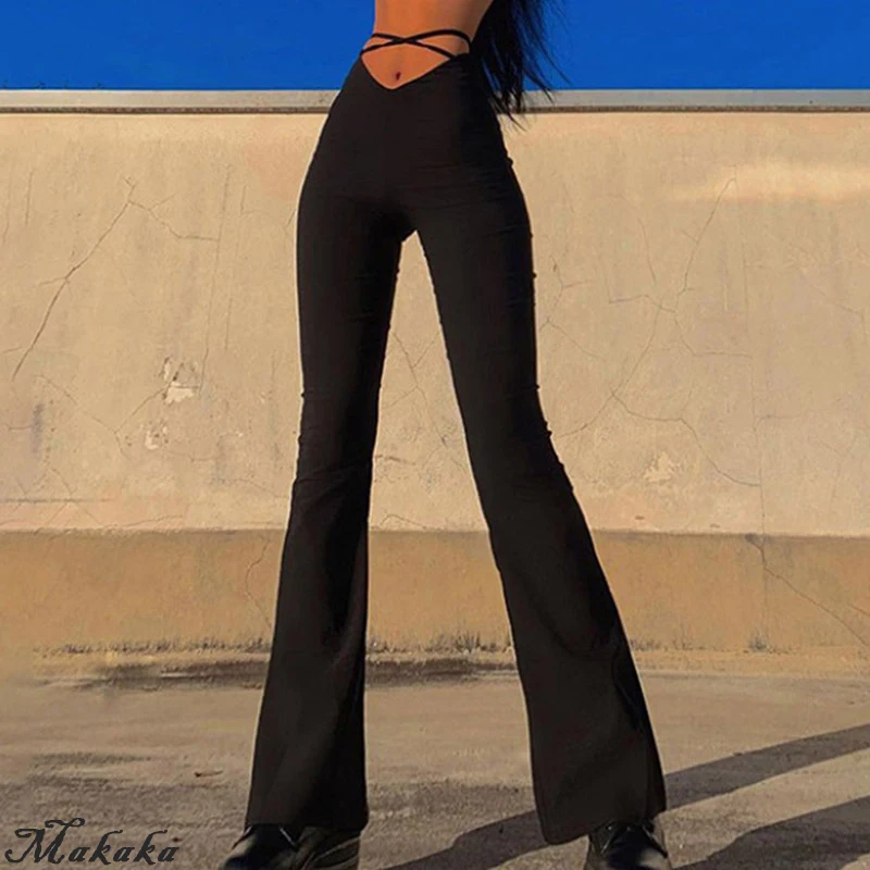 

Makaka-Y2K Flare Pants for Women, E Girl Style, Sexy Strechy Trousers, Lace Up, V Waist, Low Rise, Harajuku Black Pants