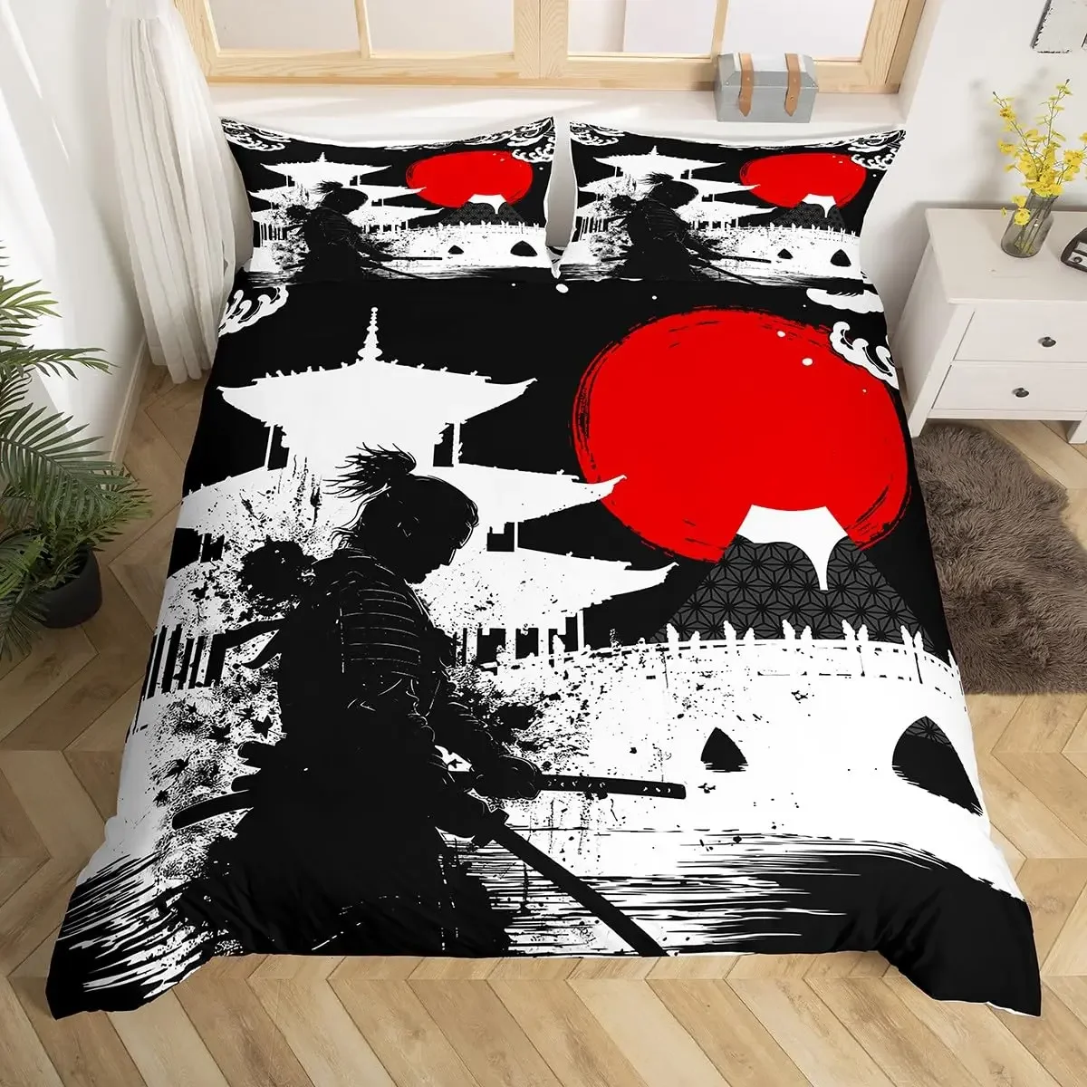 Japanese Samurai Bedding Set Full Size Cherry Blossoms Comforter Cover Red Sun Hokusai Duvet Cover Fuji Mountain Quilt Cover