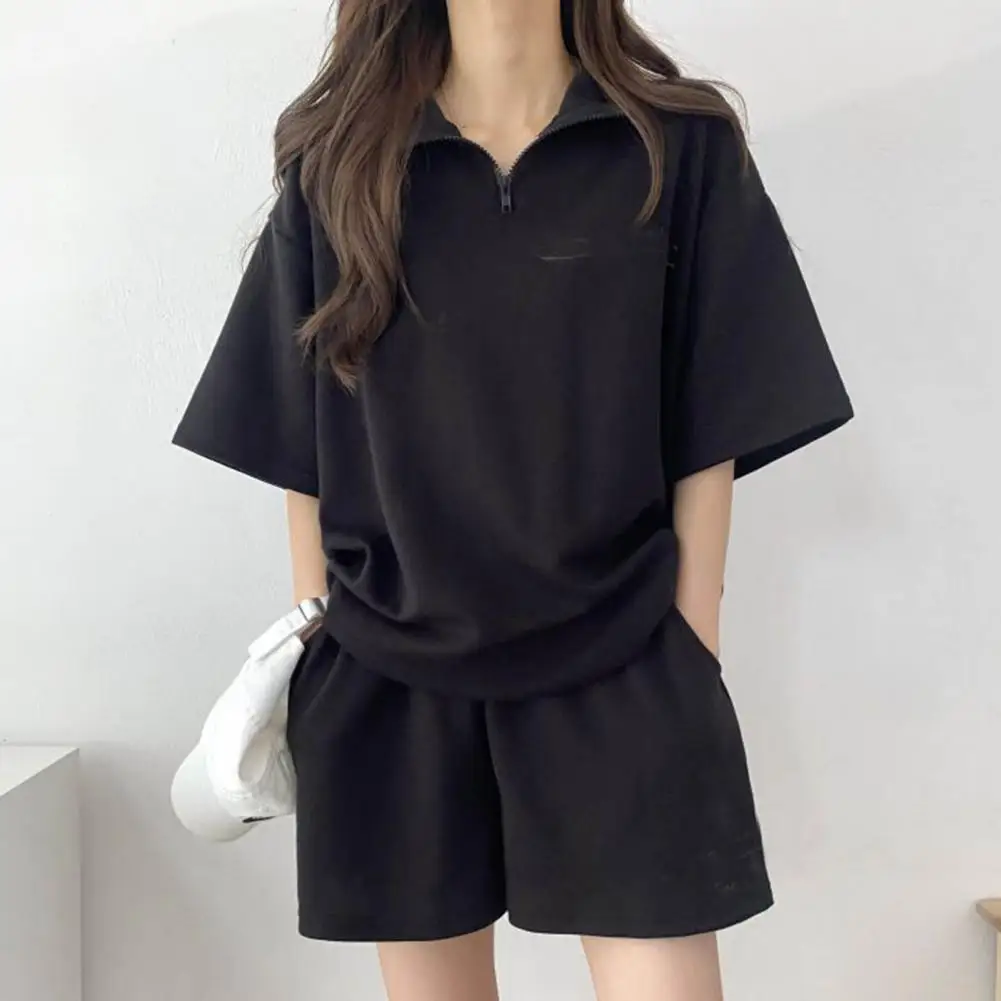

Korean Style Sweatshirt Shorts Set Women Loose Solid Color Lapel Half Sleeve Elastic Waist Shorts Set Tracksuit conjuntos cortos