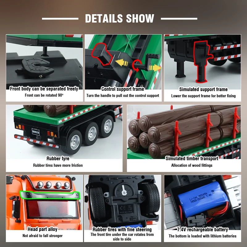 HUINA 1:18 RC Truck 9CH Alloy Remote Control Wood Transporter Light Sound Body Can Be Separated Engineer Vehicle Christmas Gifts 3