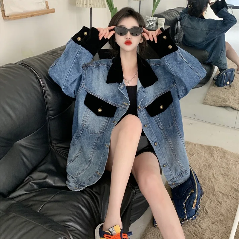 Denim Jacket Women Autumn and Winter Contrasting Lapel Patchwork Jacket Long Sleeved Top