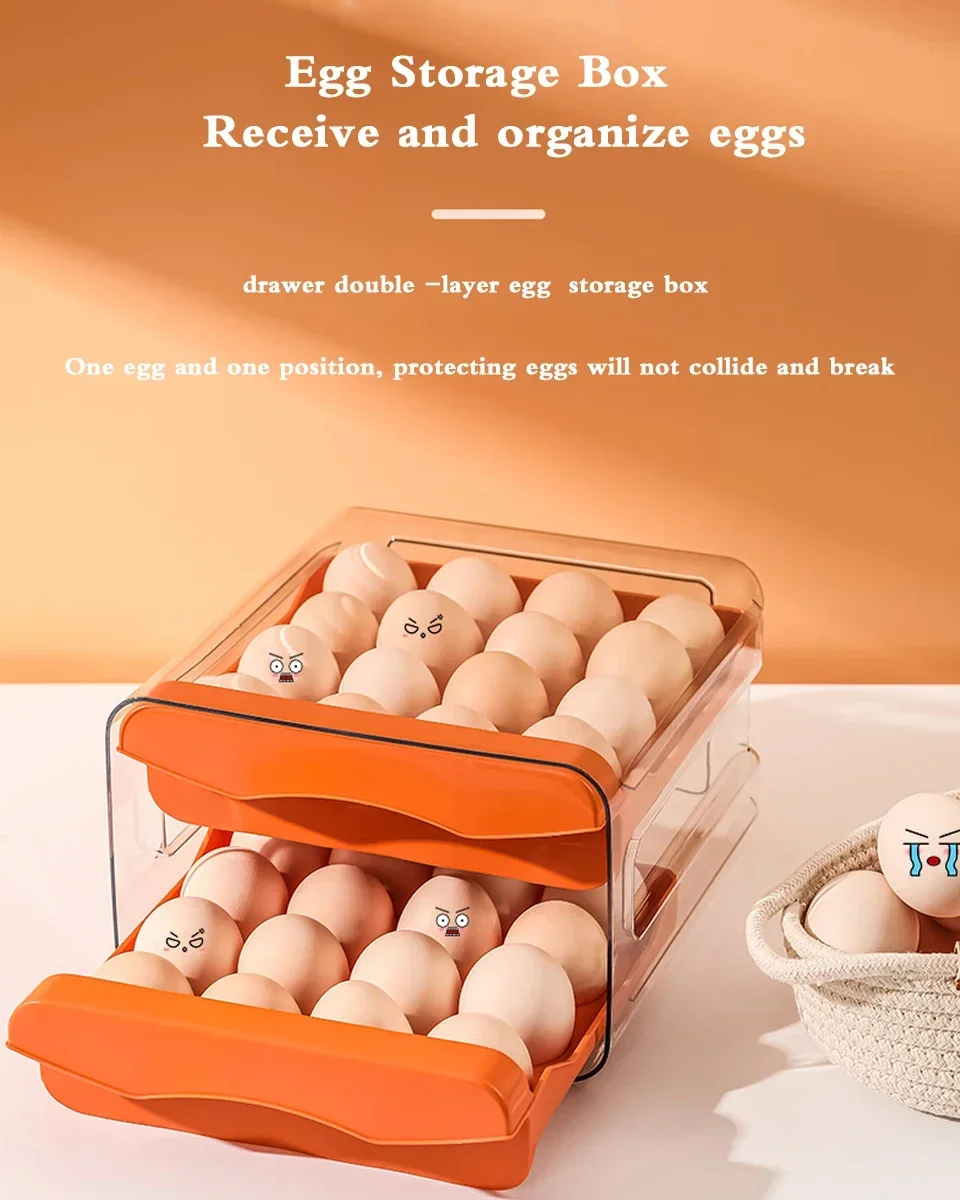 Description Picture 4 of item2-Layer Kitchen Egg Storage Box Drawer Type Stackable Fresh Keeping Clear Egg Holder Plastic Refrigerator Organizer Container