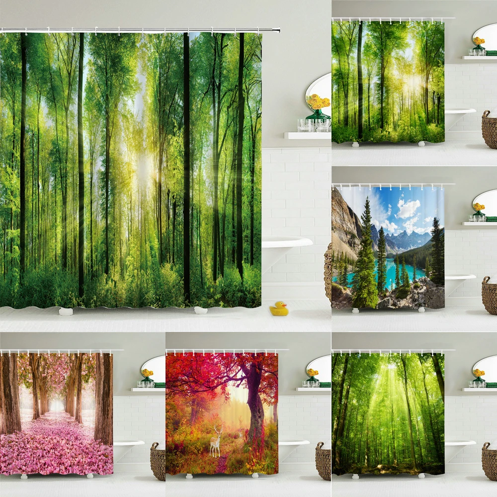 

Nature Forest Shower Curtain Waterproof Bathroom Screen Trees Scenery Curtains Polyester Cloth Home Decoration Bath Curtains