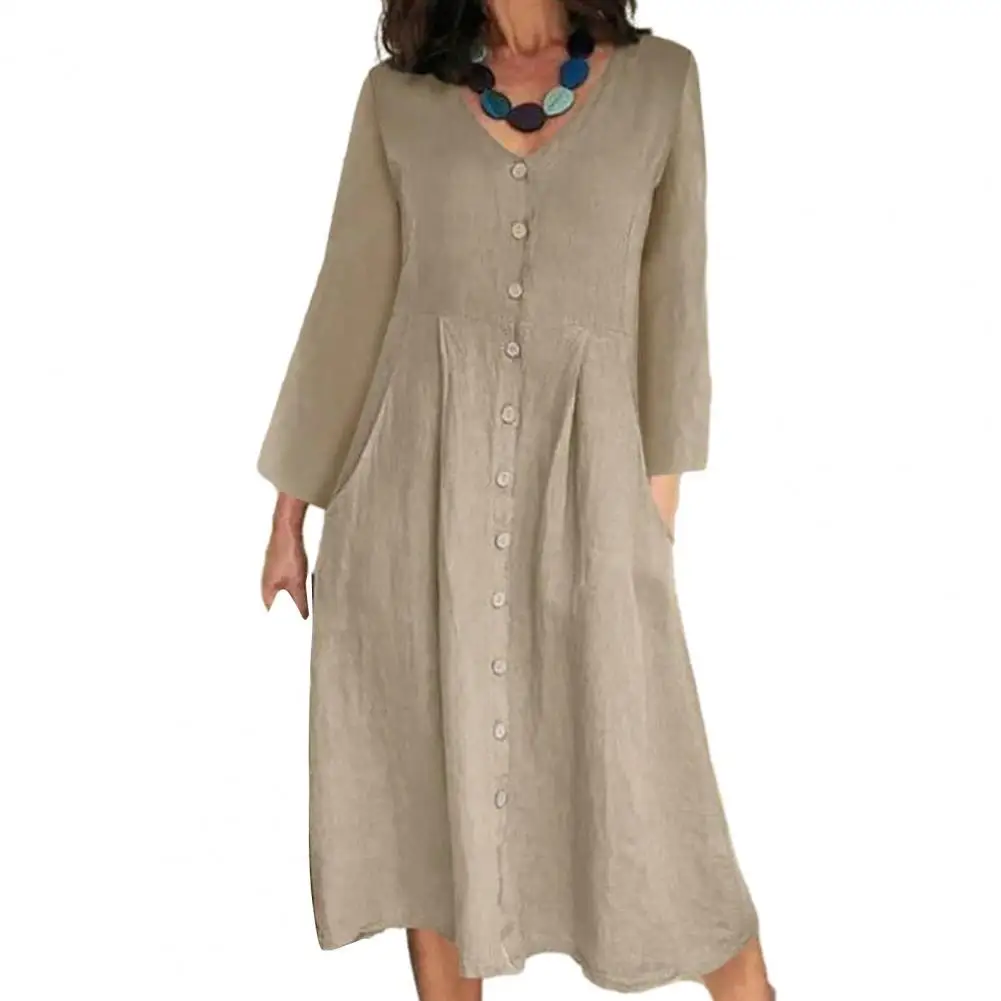 

Elegant Women Dress V-neck Long Sleeve Midi Dress Buttons Decor High Waist Pockets Design Solid Color Loose Fit Casual Dress