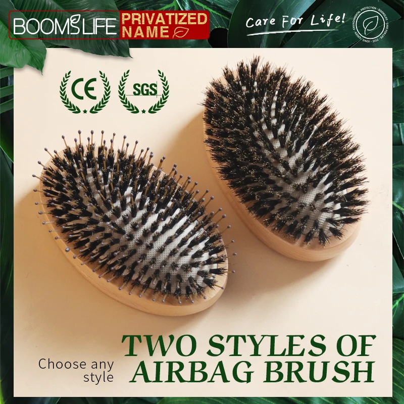 Custom Boar Bristle Hair Brush Women Round Imperial Concubine Comb Anti-Static Wood Comb Scalp Massage Brush Portable Travel