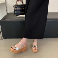 Black Wedge Sandals Woman Chunky Heels Slippers Summer Belt Buckle Platform Heels Silver Ladies Shoes Casaul Sandalias Mujer - Image 4