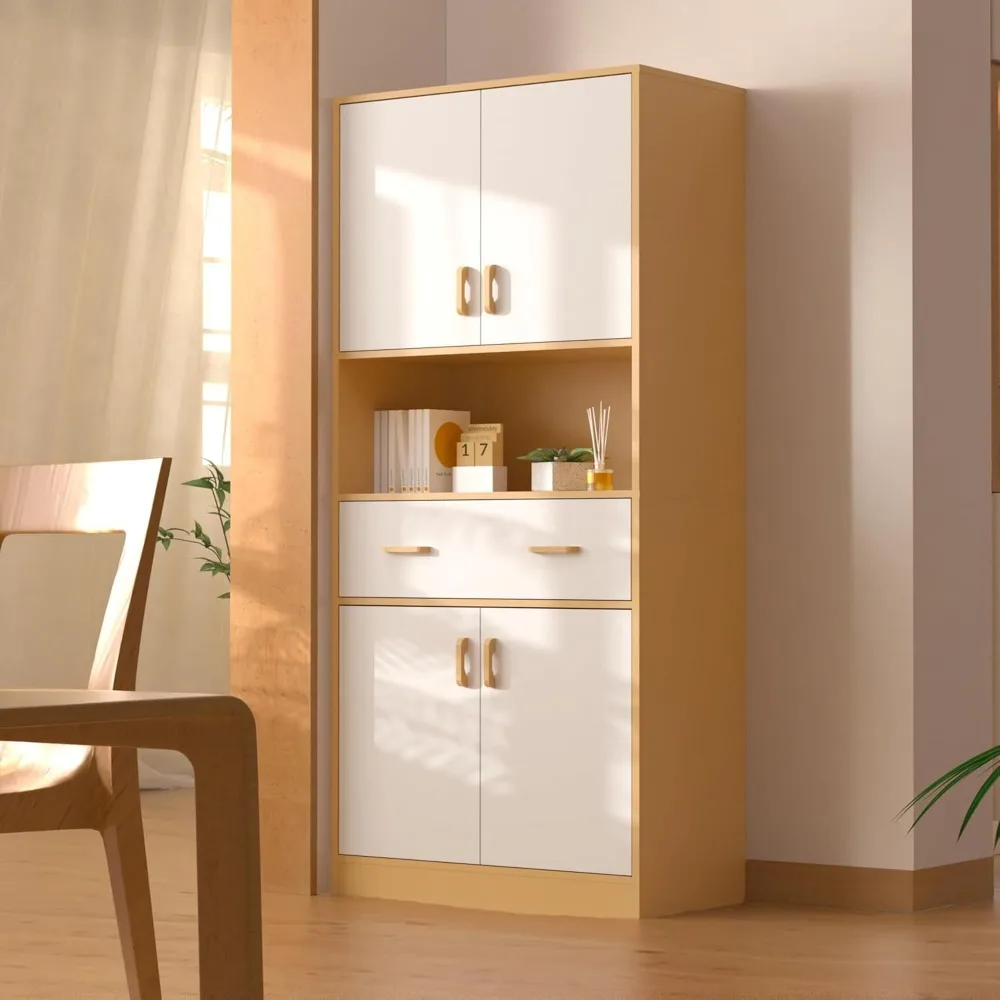 Oak and White Kitchen Pantry Cabinet,70" Tall Kitchen Storage Cabinet with Doors and Drawer, Freestanding Wooden Storage Cabinet 3