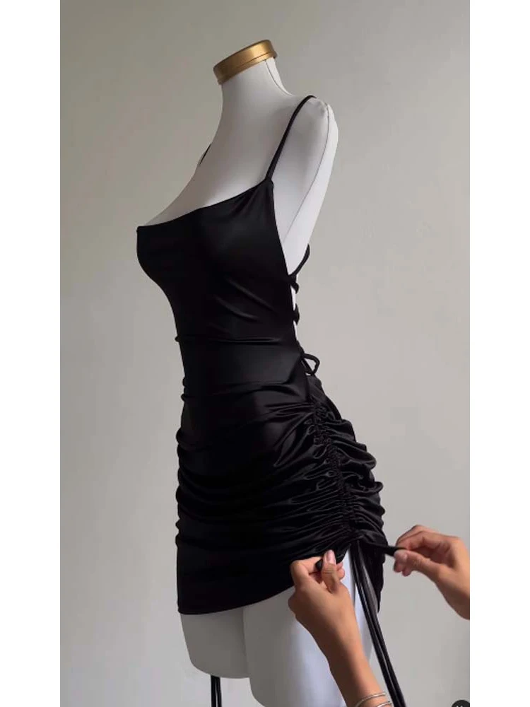 Sexy Satin Lace Up Bodycon Mini Dress Women Sleeveless Backless Party Club Dresses Streetwear Elegant Evening Clothes Black Robe 3