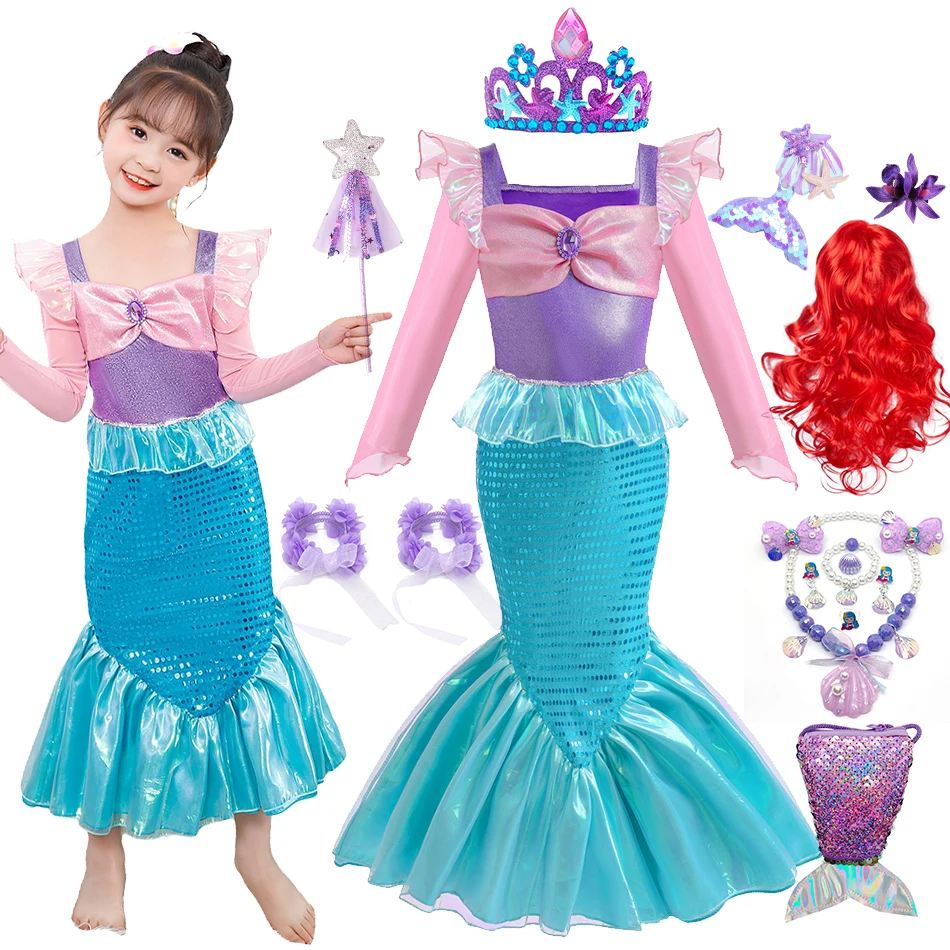 Abito A Sirena A Maniche Lunghe Per Ragazze Luxury Pink Ariel Clothes Ruffles Sequin Princess Costume Carnival Halloween Dress Up Sets
