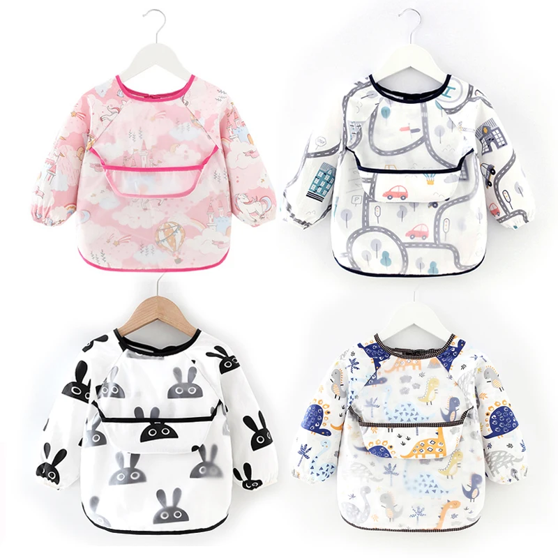 

Baby Bandana Bibs Cute Colorful Cartoon Bibs Waterproof Infant Eating Children Drawing Long Sleeve Apron Baby Self Feeding Bib