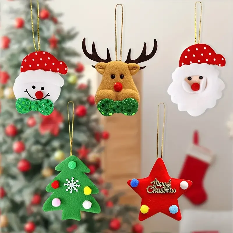 5pcs Christmas Reindeer Snowman ChristmaTre Decoration Pendant Cartoon Plush Santa Claus Five Pointed Star Small Pendant Chi