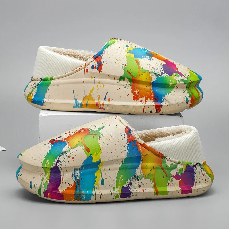 

Men's Individuality Graffiti Slippers Winter Fashion Women's Indoor Plush Insulation Cotton Shoes Couples Home Casual Shoes