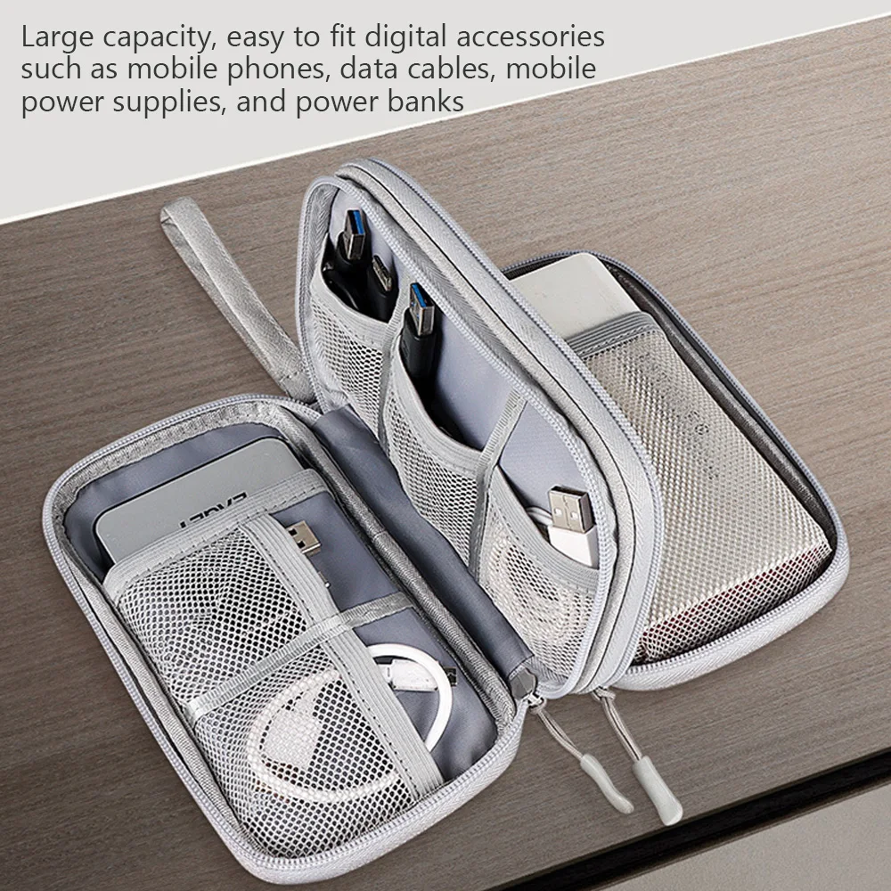 Double-Layer Accessory Organizer Dual-Zip Travel Pouch Multi-Compartment Storage Bag for Makeup Brushes Charging Cables Earphone