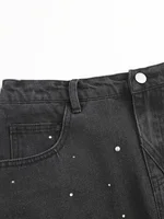 GIBSIE Plus Size Black rivet diamond denim skirt Women's summer high waist korean retro a-line bodycon raw hem mini skirts - Image 3