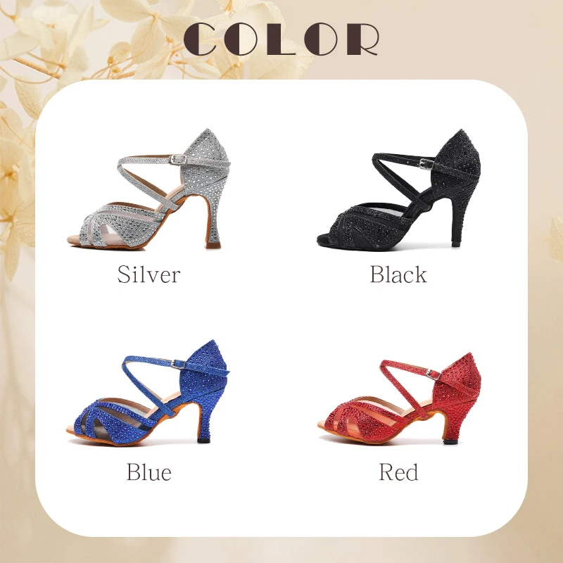 HROYL Women/Girls/ Ladies Latin dance shoes with Rhinestone Ballroom Party salsa Black/Silver/Red/Black dance Shoes High heels 2