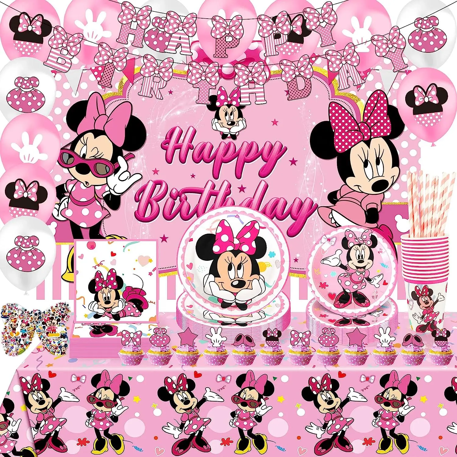 Pink Minnie Mouse Birthday Party Supplies Disposable Paper Cup Plate Napkin Tablecloth Girls Birthday Party Baby Shower Decor