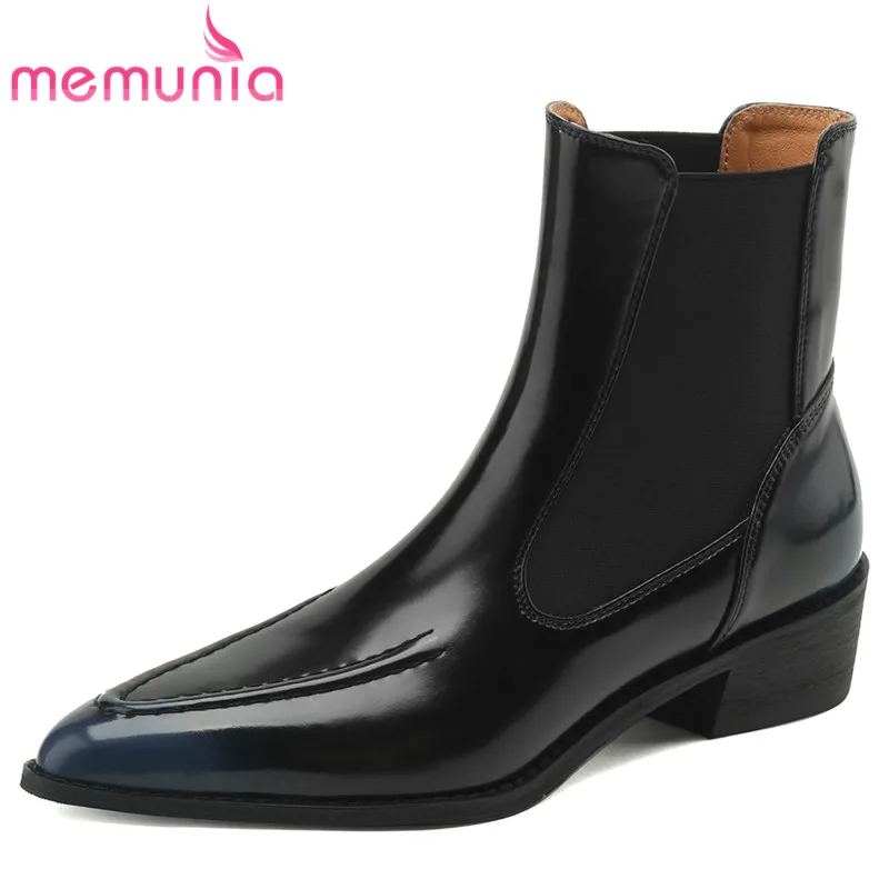 

MEMUNIA 2023 New Genuine Leather Spring Chelsea Boots Vintage Ladies Slip On Ankle Boots Pointed Toe Square Med Heels Boots