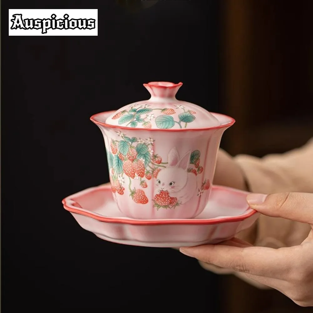 160ml Hand Painted Strawberry Rabbit Gaiwan Japanese Red Ru Kiln Ceramic Tea Tureen Tea Maker Cover Bowl Services Ornaments