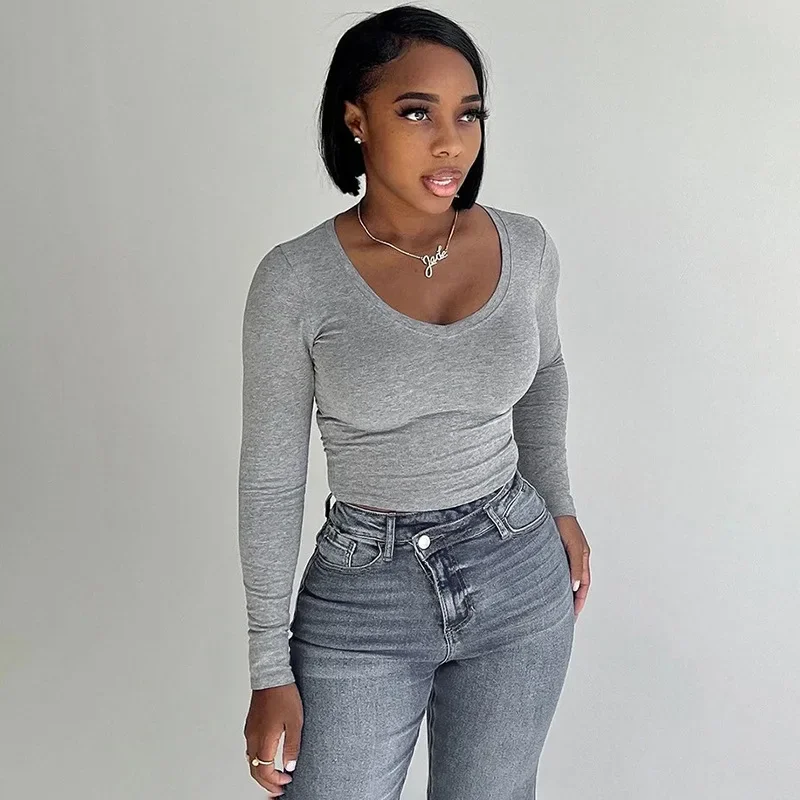 

Solid Round Neck Long Sleeve Slim Fit Basic T Shirt for Women 2023 Autumn Winter Causal Pullovers Top Basic Tees Streetwear Y2K