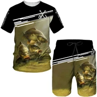Men's Outdoor Fishing Print Shorts 2Pcs Sets Vintage 3D Print Two Piece Suit O-neck T shirt Fashion Male Sweatshirt  Clothes 1