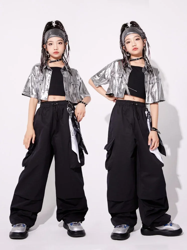 Silver Short Coat Black Cargo Pants Modern Kpop Clothing Kids Jazz Performance Stage Outfit Girls Hip Hop Dance Costume