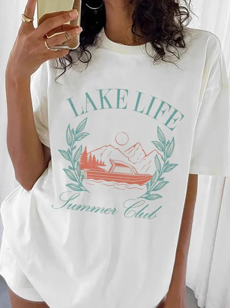 

Lake Life Printed Letter Women's Trendy Printed Pattern Top T-Shirt Short Sleeved Women's Casual Style Printed Travel T-Shirt.