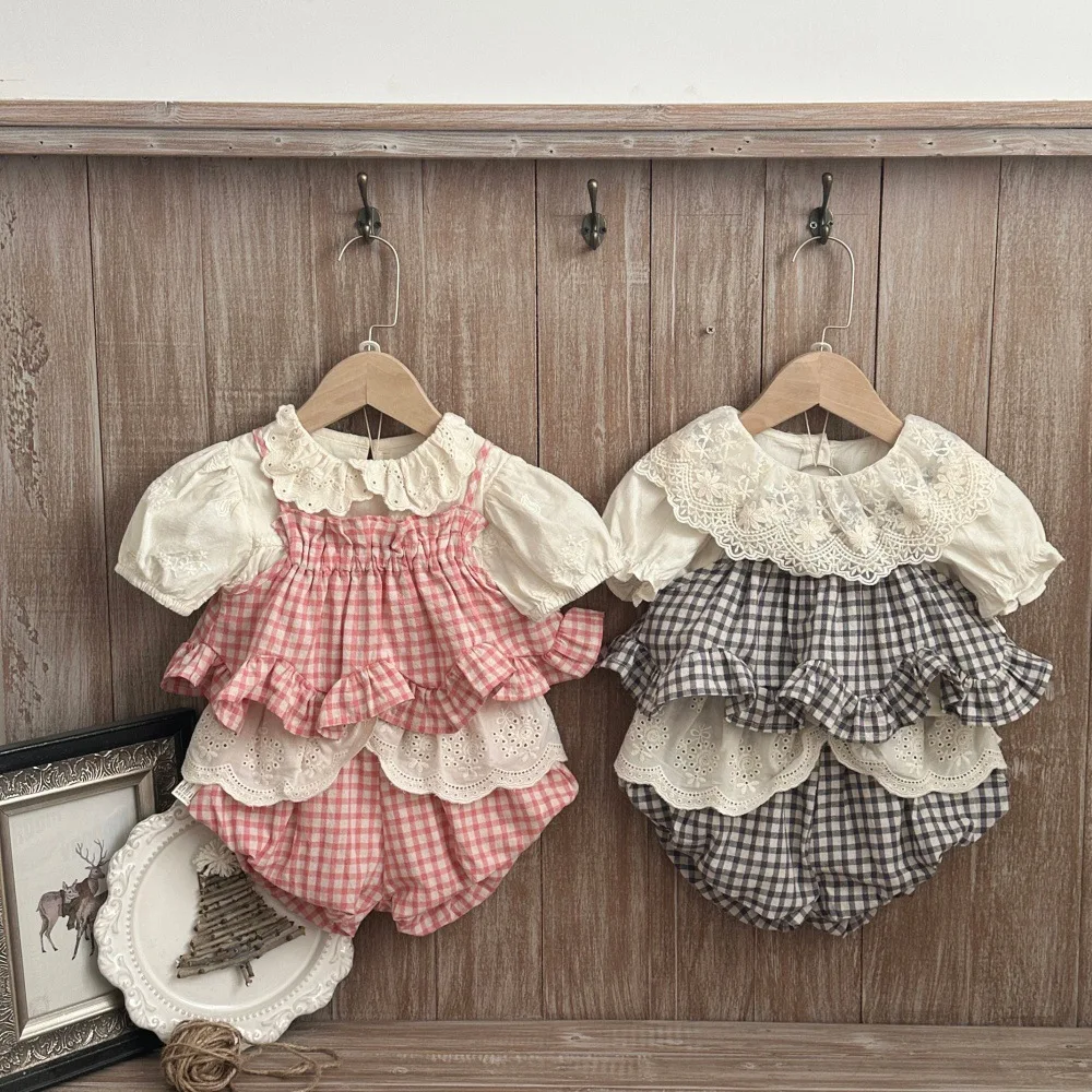 MILANCEL 여름  옷 세트 3-24M 귀여운 그리드  소녀 민소매 캐미솔 + 블루머 얇은 환기  복장 2PCS