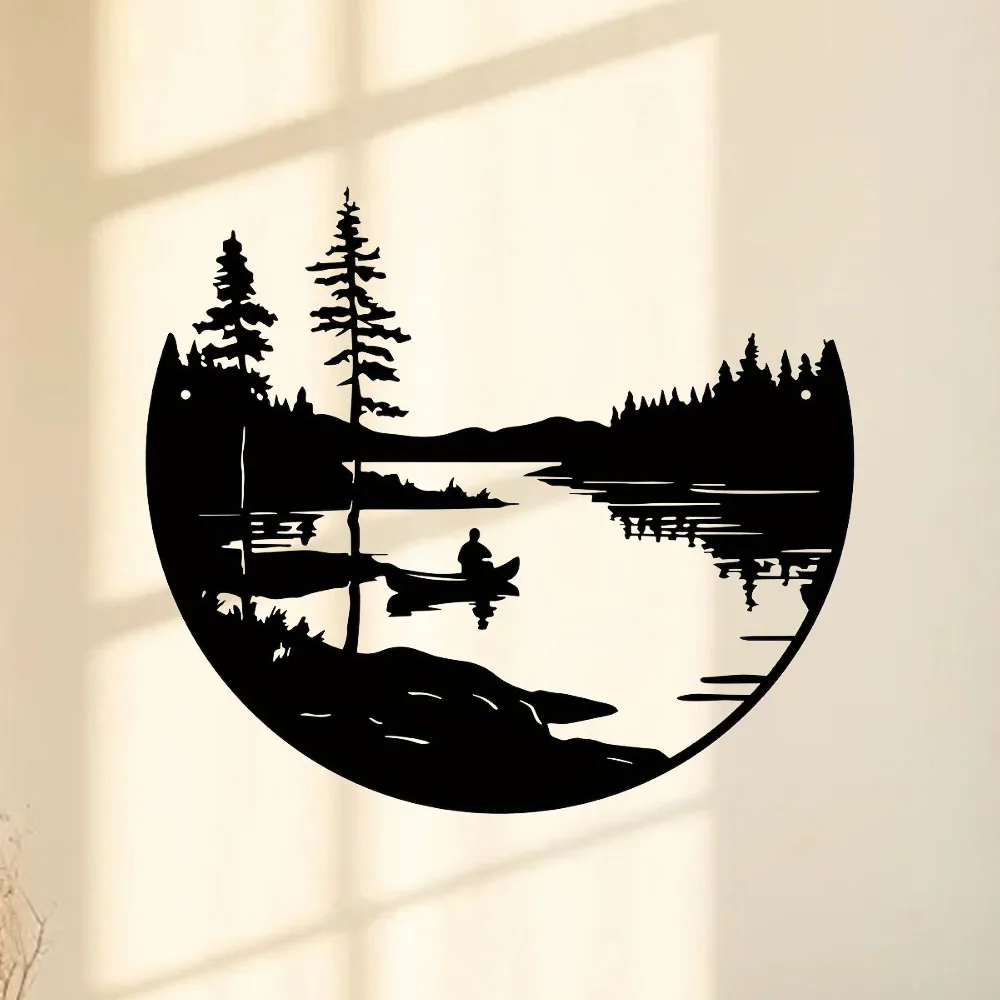 Round Metal Wall Art – Bohemian Lake & Mountain Silhouette Decor 1