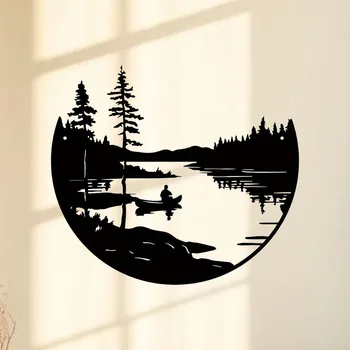 Round Metal Wall Art – Bohemian Lake & Mountain Silhouette Decor 1