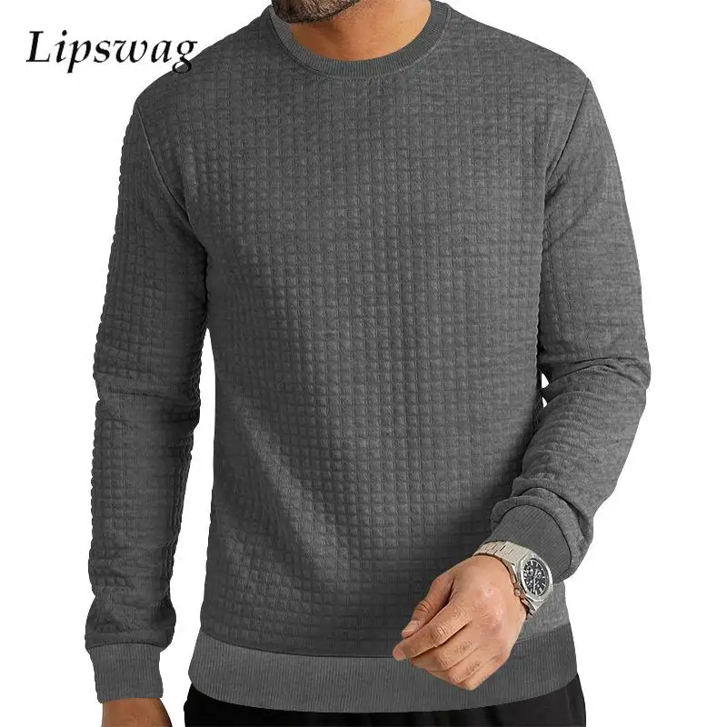 

Casual Loose Waffle Mens Pullover Tops Autumn Vintage Ribbed Solid Color Long Sleeve T-Shirt For Men Clothes Leisure O Neck Tees