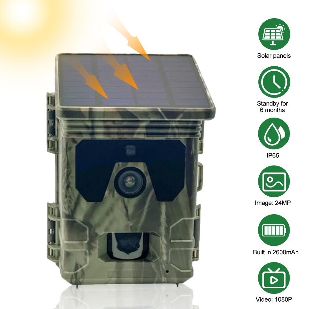 Solar Trail Camera 24MP 1080P Solar Power Hunting Camera Infrared Night Vision Wildlife Observation Video Photo Recorder
