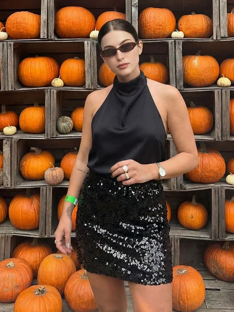 HH Women Elegant Fashion Sequin Skirt Sets Sexy Off-Shoulder Halter Tops High Waist Mini Skirts Lady Club Party Evening Outfits