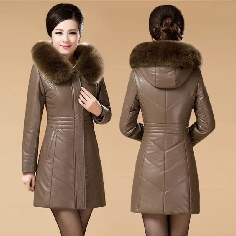 

2023 Middle Aged Elderly Fur Clothing Down Jacket Women Mid Length Extra Fat Thick Coat Oversized Fur Collar Leather Overcoat