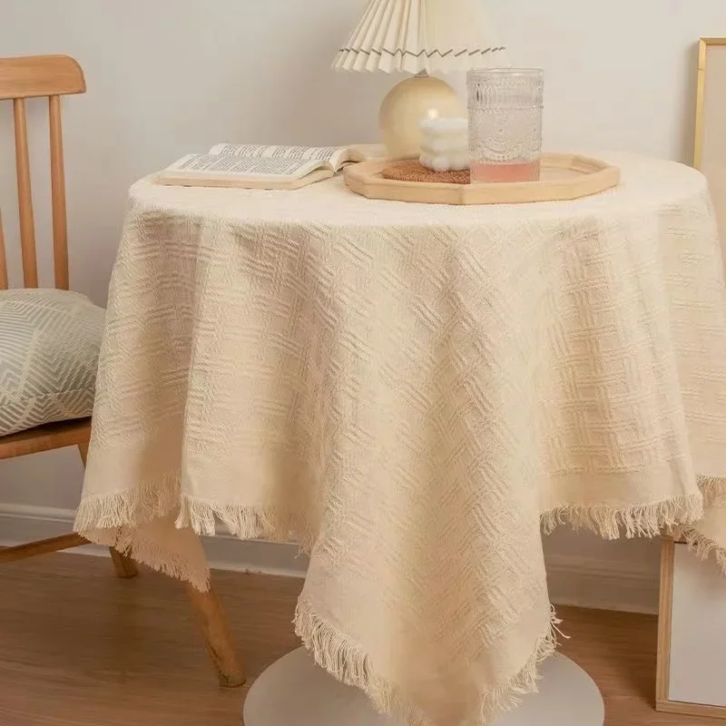 

Beige retro knitted long tea table, dining table cover, sofa, simple and high-end birthday decoration F6DAN288