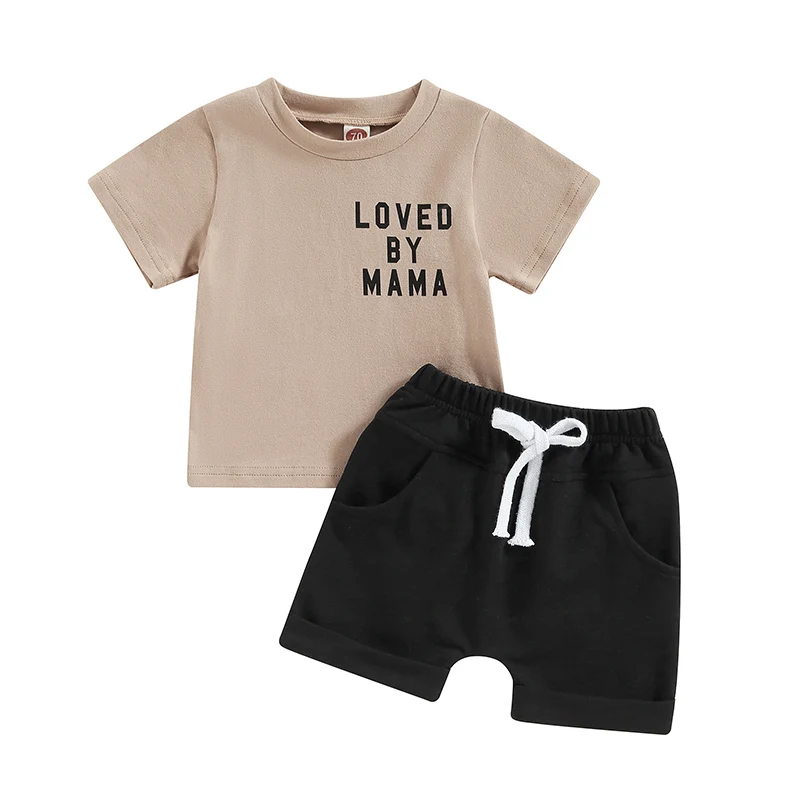 

Infant Boys Clothes Summer Toddler Outfits Letter Print Crew Neck Short Sleeve T-Shirts Tops and Solid Color Shorts 2Pcs Suit