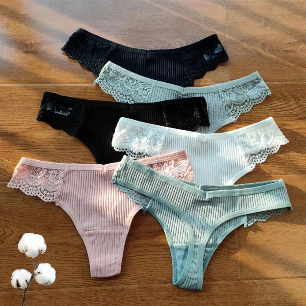 3 Pcs/Set Simple Lace Cotton Thong Women Sexy G-Strings Stripe Underwear  Ladies Underpants Briefs Set