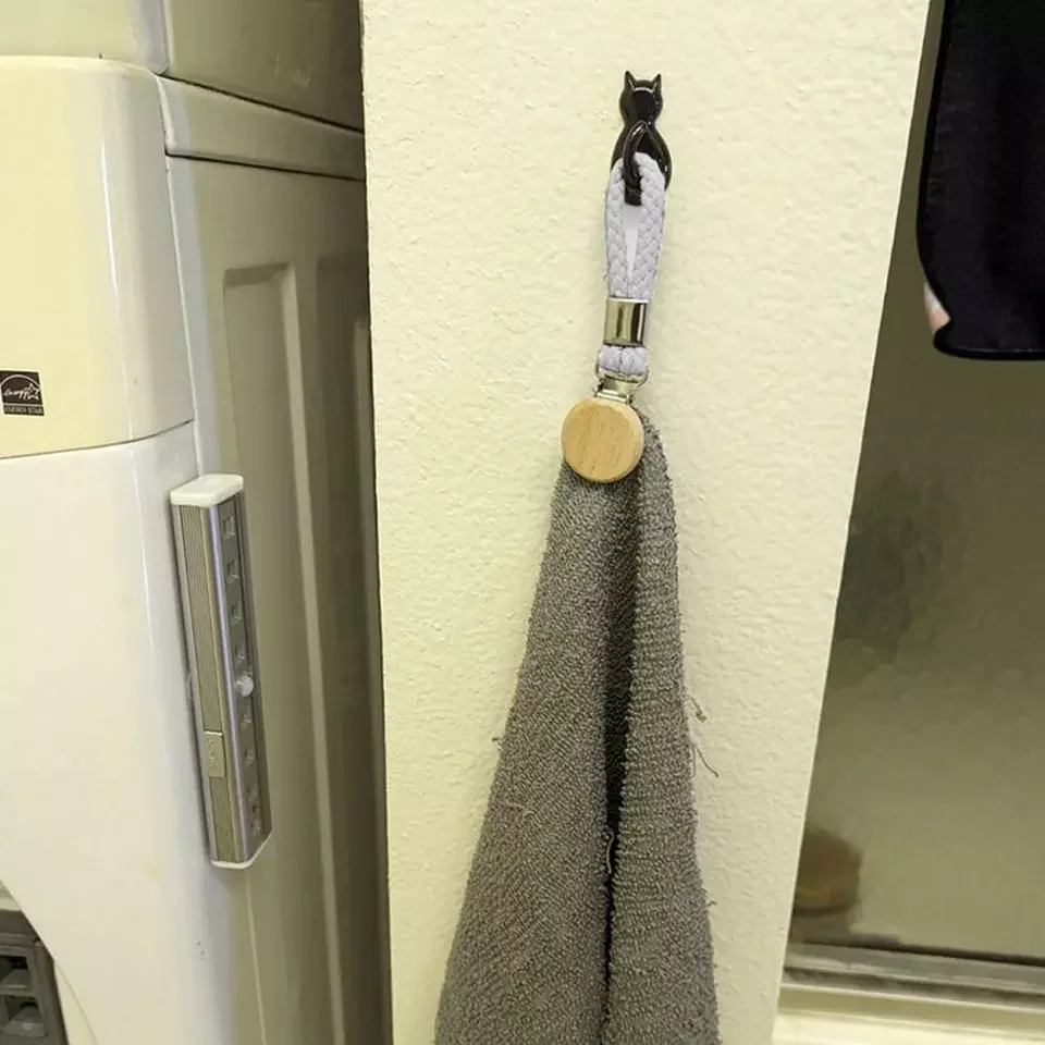 2pcs Towel Hook Holder Braided Cotton Loop Towel Hangers Rack Wooden Decor Hangers Rack Tea Towel Holders for Kitchen Bathroom 3