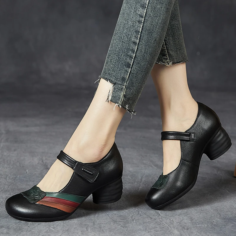 

5cm Women 2023Summer Retro Chunky Heels Soft Soled Authentic Loop Designer Luxury Novelty Genuine Leather Shoes Vintage Elegance