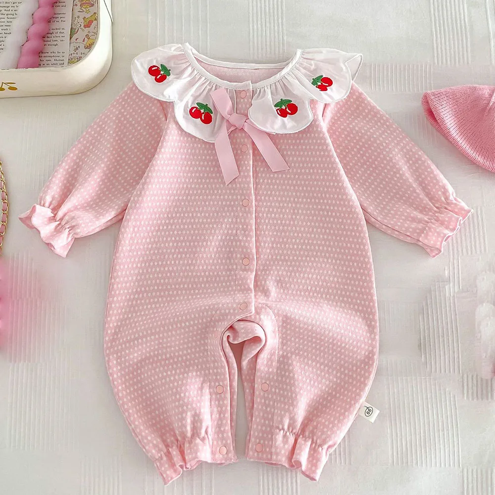 

Thanksgiving Baby Girl Romper Long Sleeve Pink Color Peter Pan Collar Princess 1st Birthday Infant Clothing Newborn Onesie