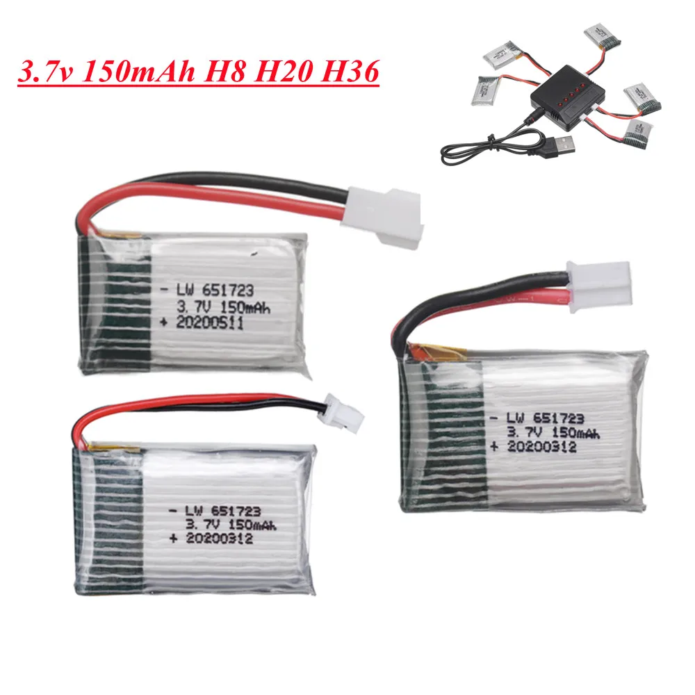 ZYGY 6 stuks 3,7 V 150 mAh lithiumbatterij & 6 in1 oplader & 6 stuks omzettingskabel voor H36 E010 NIHUI NH010 RC drone