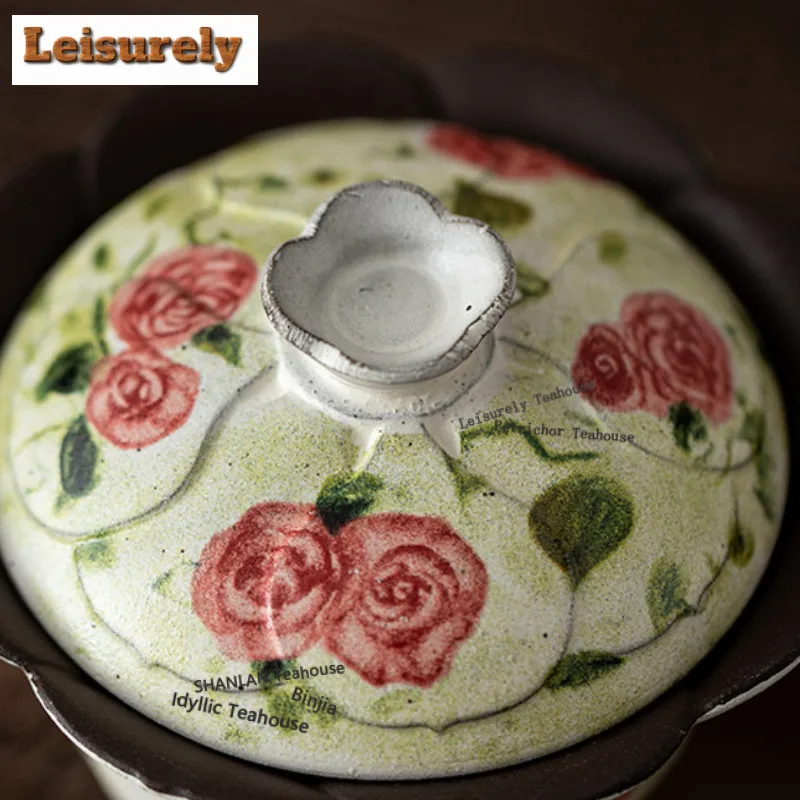 130ML Oil Painting Rose Flower Mouth Gaiwan Aesthetic Tea Tureen Tea Bowl with Lid Kit Tea Brewing Cover Bowl Tea Services Craft