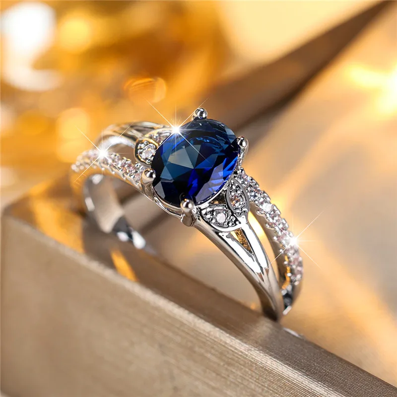 Boho Female Blue Oval Zircon Stone Ring Cute Silver Color Summer Wedding Jewelry For Women