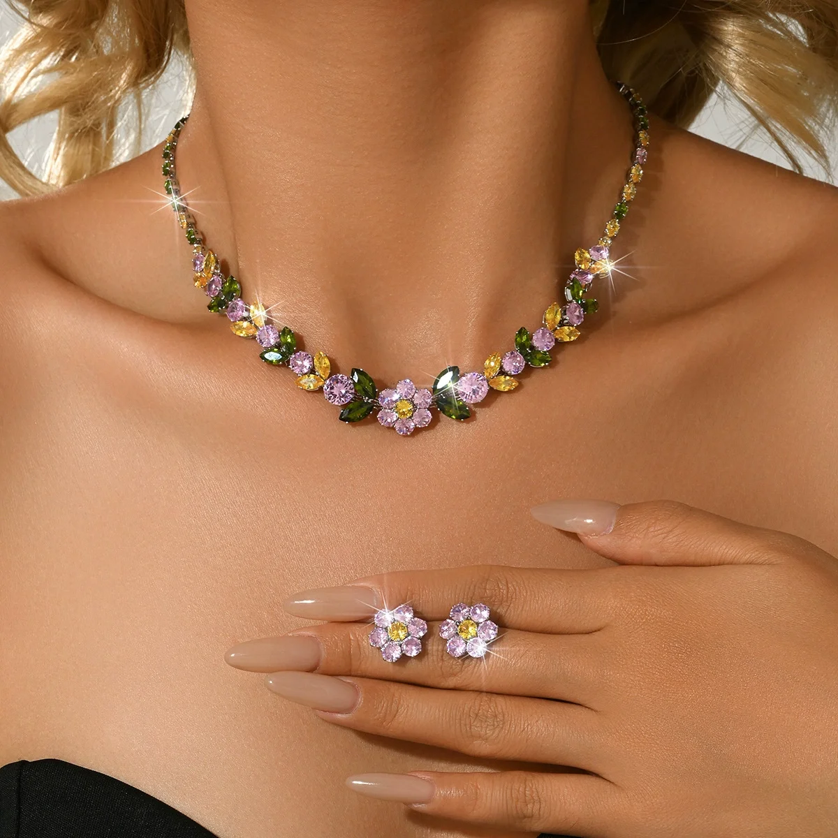 2026 New Floral Earrings and Necklace Set for Women - Trendy Floral Set with Diamond and Zirconia Stones (Instagram Style) - 6