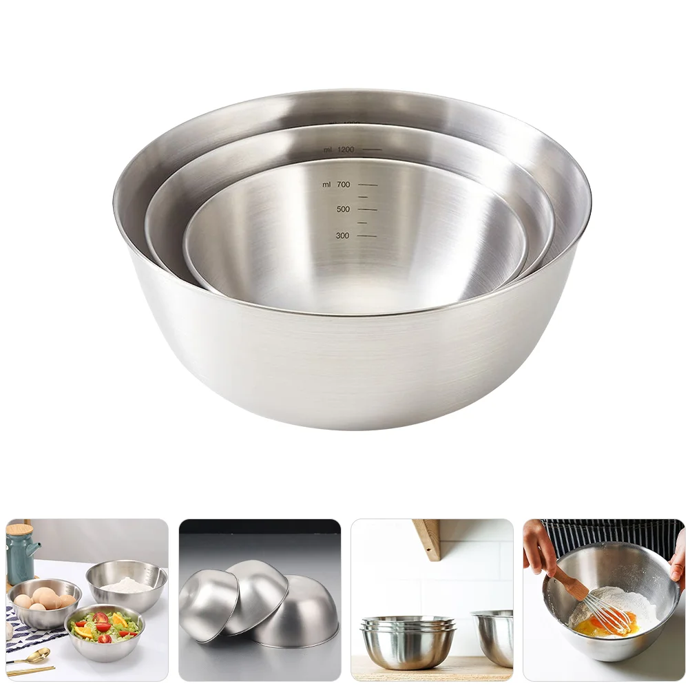 

3 Pcs Stainless Steel Cooking Bowl with Scale for Egg and Noodle Salad Cold Noodles Fruit Baking Basin (set of 3) Mixing Bowls