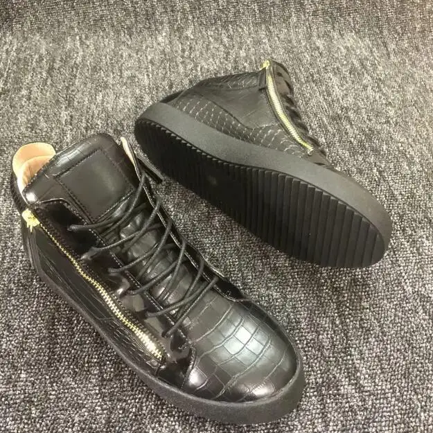 High Top Stone Pattern Men Loafer Leather Lace-Up Zipper Youth Sport Shoes Fashion Round Toe Flats Sneakers Man Black Color 4